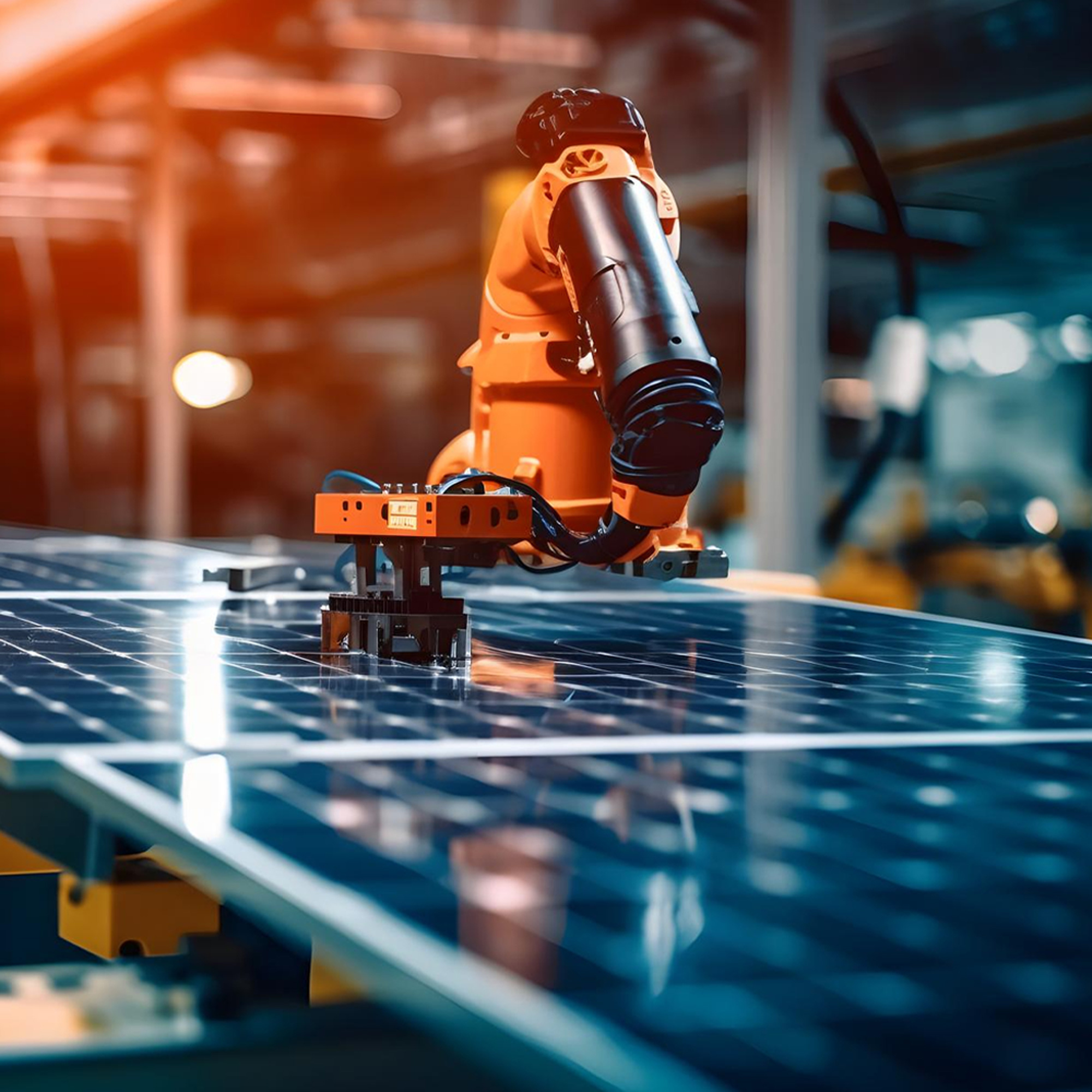Machine building a solar panel in a solar panel manufacture plant